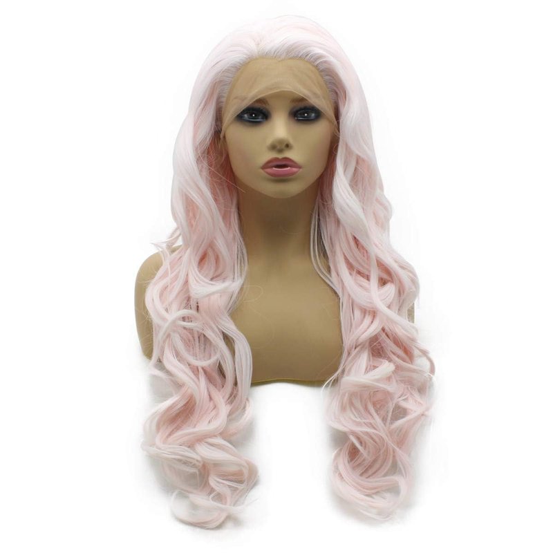 iwonawig Long Wavy Lace Wigs White Pink Half Hand Tied Synthetic Lace Front Halloween Heat Resistant Wig