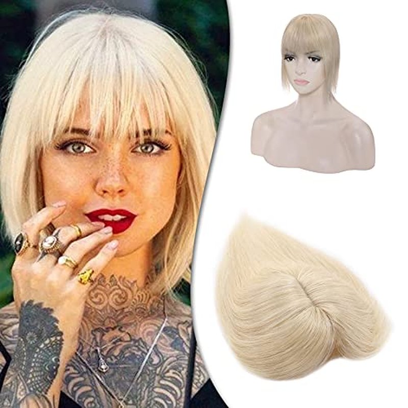 Hairro Human Hair Toppers With Bangs Clip on Topper Hairpiece For Women Silk Base Remy Real Hair Clip On Toupee With Wispy Air Bang For Thinning Hair Loss 10 Inch 33g #60 Platinum Blonde