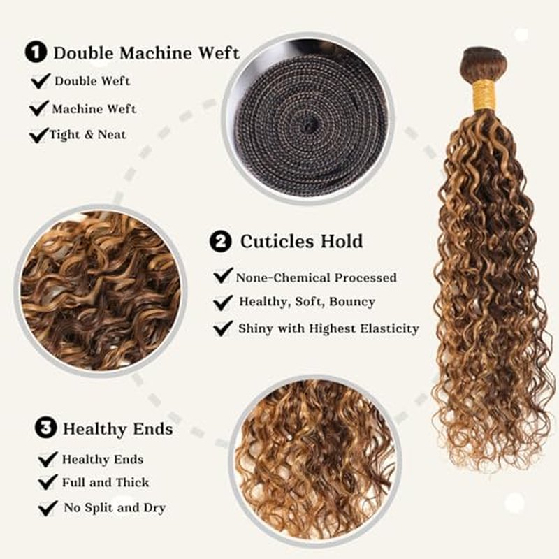 ALHER Honey Blonde Highlight Water Wave Bundles 28 Inch P4/27 Ombre Single Bundles Wet and Wavy Bundles Human Hair Highlight Brown Color 12A 100% Brazilian Virgin Remy Hair for Black Women Soft Thick