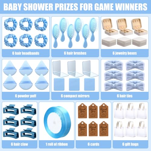 55 Pcs Baby Shower Prizes for Winners Prizes Gifts Including Headband Hair Brush Jewelry Box Compact Mirror Powder Puff Hair Tie Claw Gift Bag for Baby Wedding Bridal Shower(Blue)
