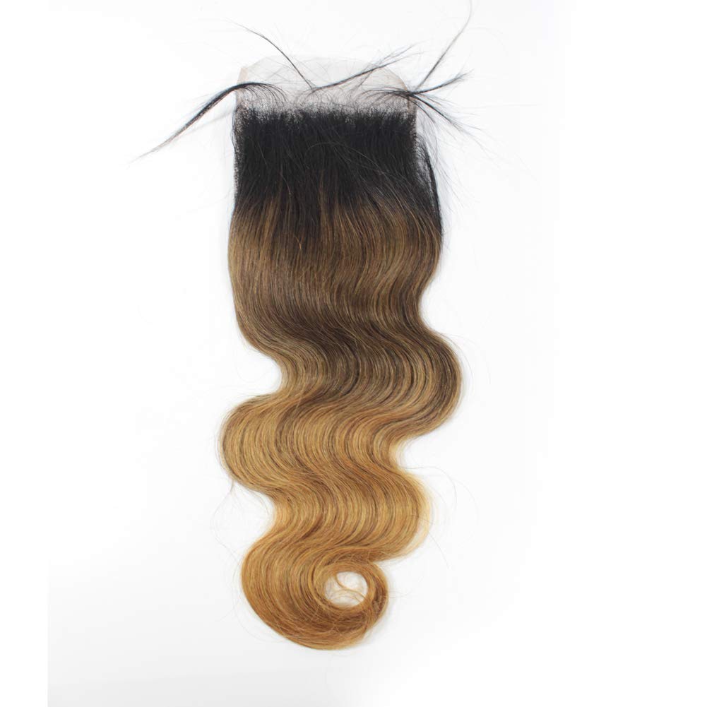 Forawme Brazilian Virgin Human Hair Top Closure Pre Plucked Natural Hairline 18 Inch 4X4 inch 1B/4/27 Ombre Body Wave Lace Closure Hair Pieces With Natural Hairline