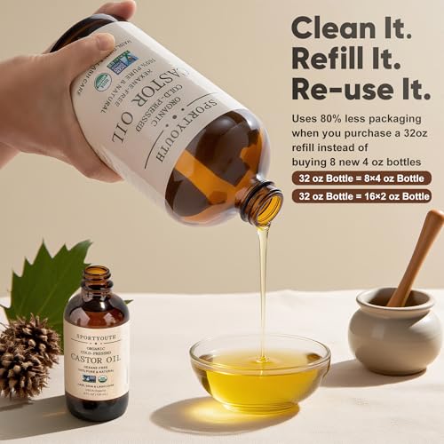 SPORTYOUTH Castor Oil Organic, Cold Pressed, Hexane Free, USDA Certified 100% Pure 32oz Glass Bottle Non-GMO Unrefined Carrier Oil for Hair Growth, Castor Oil Pack, Eyelashes, Brows, Skin, Face