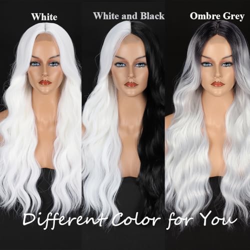 Colorful Queen White Wigs for Women 26 Inch White Long Wavy Wig Middle Part Glueless Lace Wig for Women Daily Party Use Halloween Cosplay