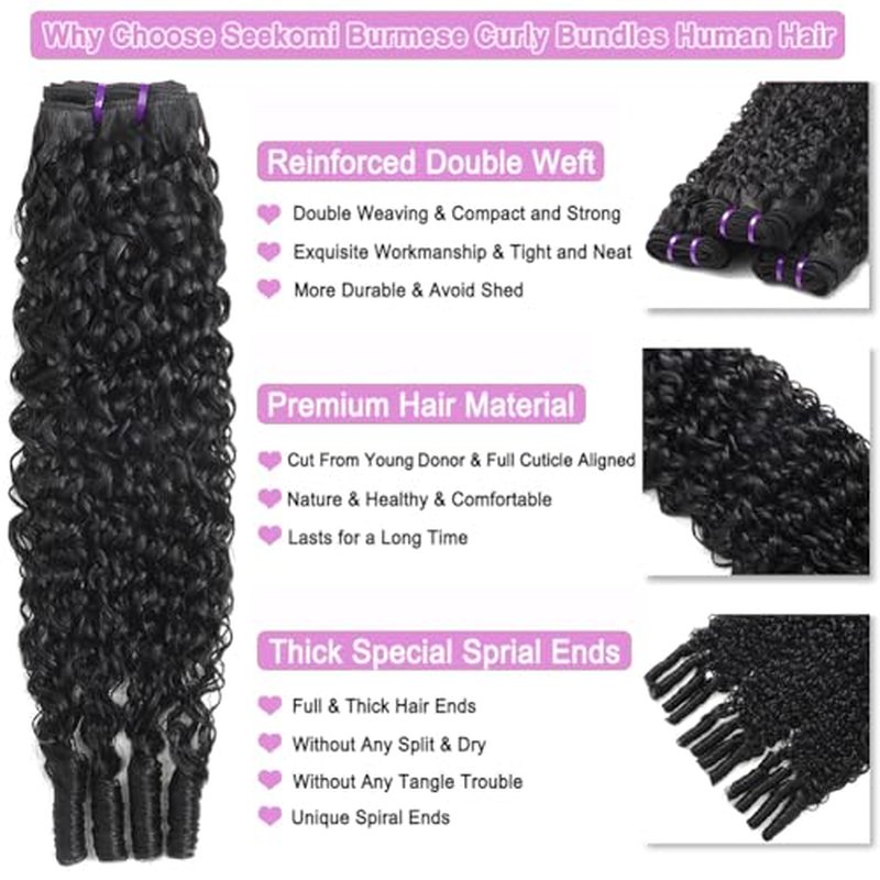 Seekomi Burmese Curly Human Hair 3 Bundles 16 18 20 Inch 100% Virgin Water Curly Bundles Human Hair with Spiral Ends Double Weft Quick Weave for Women, Natural Black Color, 300g