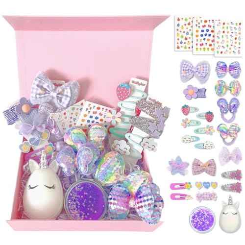 Hair Accessories Gift Set for Kids Purple Hair Clips Barrettes Ponytail Ties Bows Headbands with Mirror Unicorn Comb Gift Box for Daughter Teens Childs Little Girls