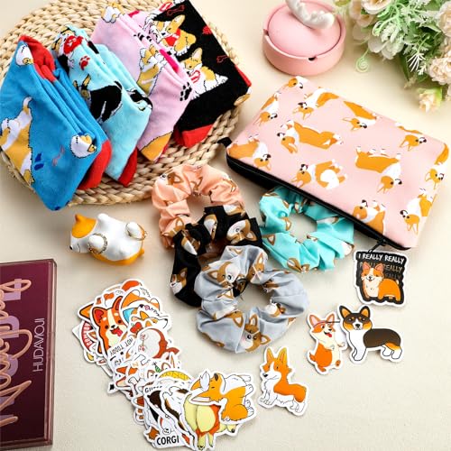 Hotop 61 Pcs Corgi Gifts Set for Dog Lovers Includes Corgi Socks Makeup Bag Ring Holder Cute Stickers Hair Scrunchies for Women Girls Dog Lovers