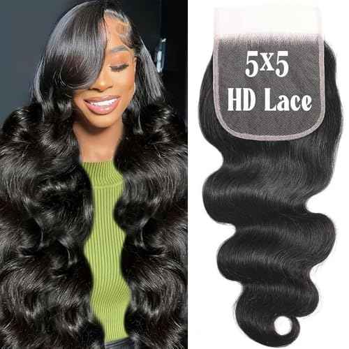 QTHAIR 16A 5x5 Body Wave HD Closure Human Hair Transparent Lace Closure 14inch Top Swiss Lace Closure Brazilian Virgin Hair Body Wave 150% Density Pre Plucked Natural Hairline Baby Hair