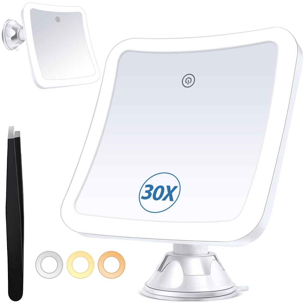 PIMPLEGO Magnifying Mirror with Light 30x, Lighted Makeup Mirror with Magnification, Rechargeable Magnifying Mirror Suction Cup with 1500 mAh Lithium Battery, Vanity Mirror for Precision Makeup