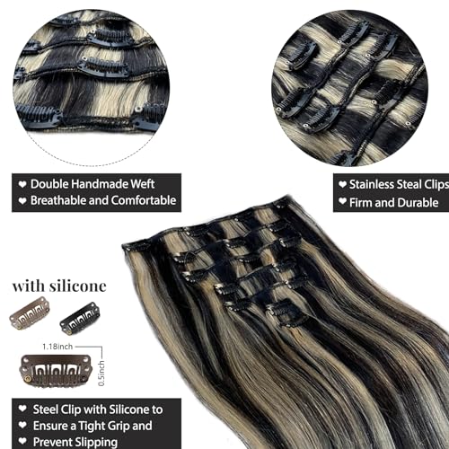 Belaved Clip in Hair Extensions, 20 Inch 70g Black Mix Blonde Clip in Hair Extensions Real Human Hair 7pcs Straight Double Weft Nature Ends