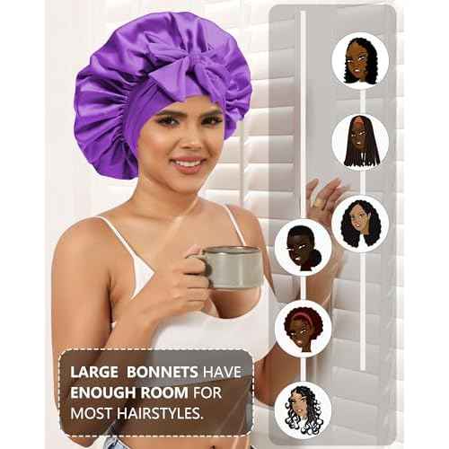 Satin Bonnet for Women Silk Bonnets for Sleeping Curly Hair Bonnet with Elastic Tie Band Reversible Double Layer Sleep Cap Hair Wrap (Purple)