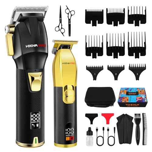 HIENA PRO Professional Hair Clippers Set for Men, Cordless Barber Kit for Haircut, Clippers and Trimmers Set, Hair Cutting Kit with LED Display & Rechargeable USB, Gifts for Men (Black Gold)