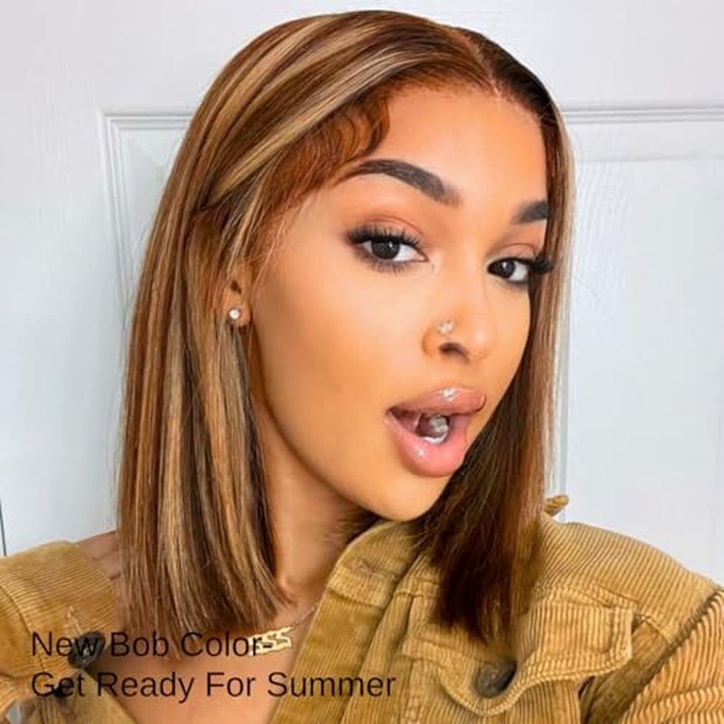 ALHER Short Bob Wig 4/27 Honey Blonde Highlight, 12A Straight Small Cap 13x4 Lace Frontal Wigs Human Hair Pre Plucked With Baby Hair, Small Cap Wig Size 21-21.5 180% Density for Black Women 12 Inch