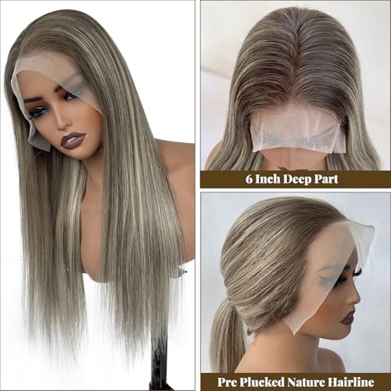 18 Inch Highlights Brown Human Hair Wigs for White Women Ombre Ash Brown Mixed Balayage Blonde with #3 Brown Roots 13x6 HD Glueless Lace Front Wig Human Hair 180% Density Pre Plucked Bleached Knots
