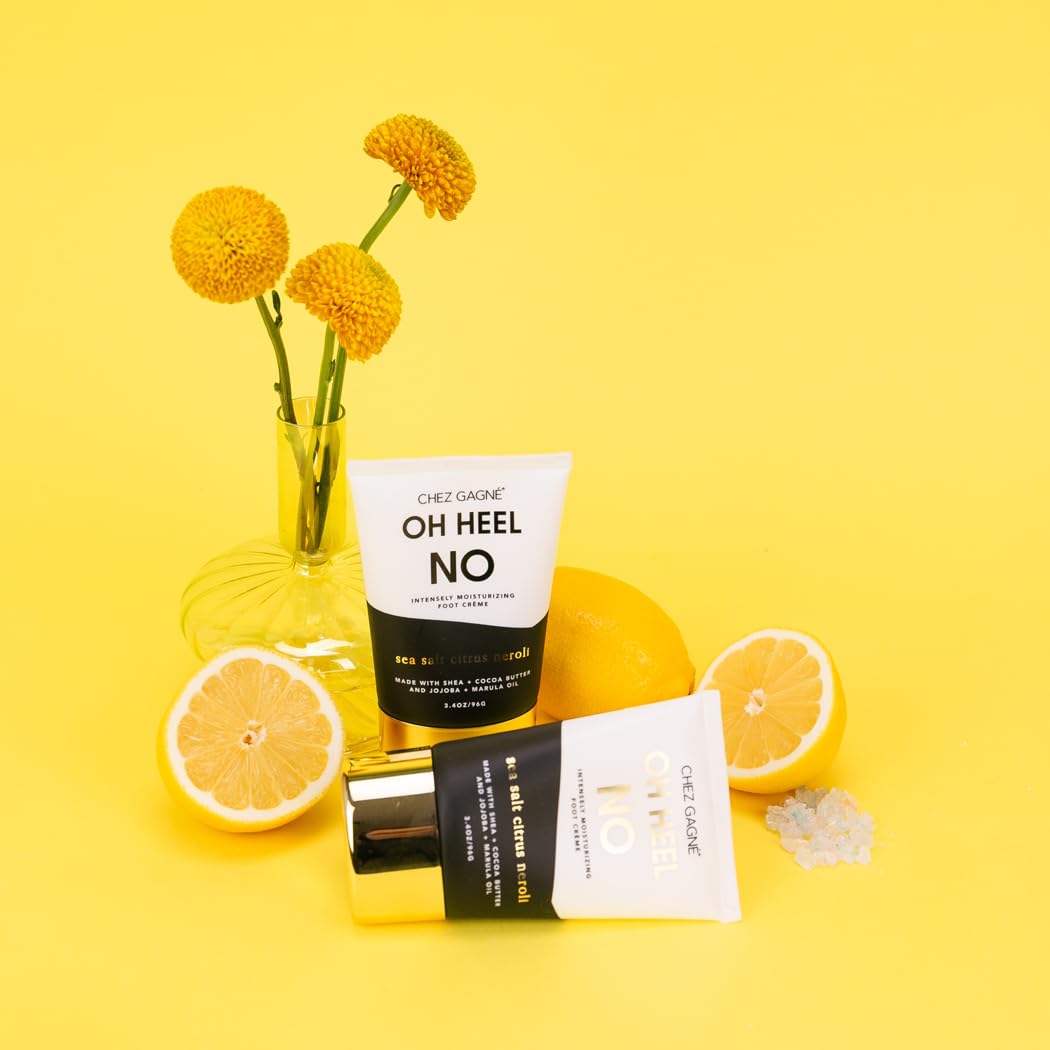 Chez Gagné Vegan Foot Cream for Dry Cracked Heels - Oh Heel No - Sea Salt Citrus and Neroli 3.4oz Ultra Thick Moisturizing Foot Lotion - Shea Butter, Marula Oil - Made in California - Funny Spa Gift