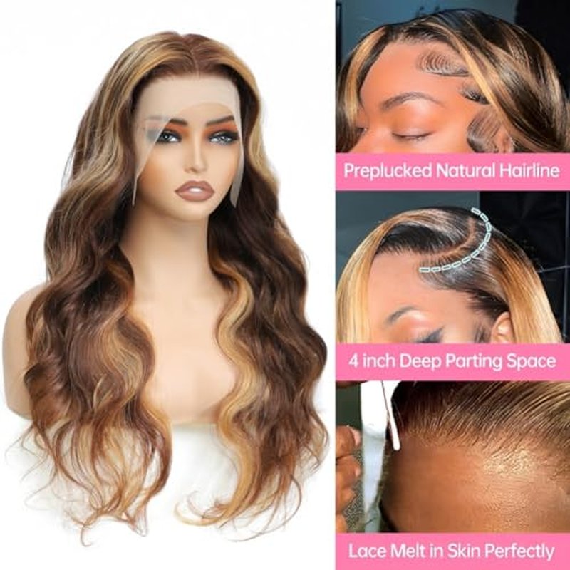 Human Hair Wig 24 Inch 13x4 Ombre Body Wave Lace Front Wigs Human Hair Honey Blonde Wig Pre Plucked with Baby Hair 200 Density 4/27 Highlight Glueless Human Hair Wigs for Black Women
