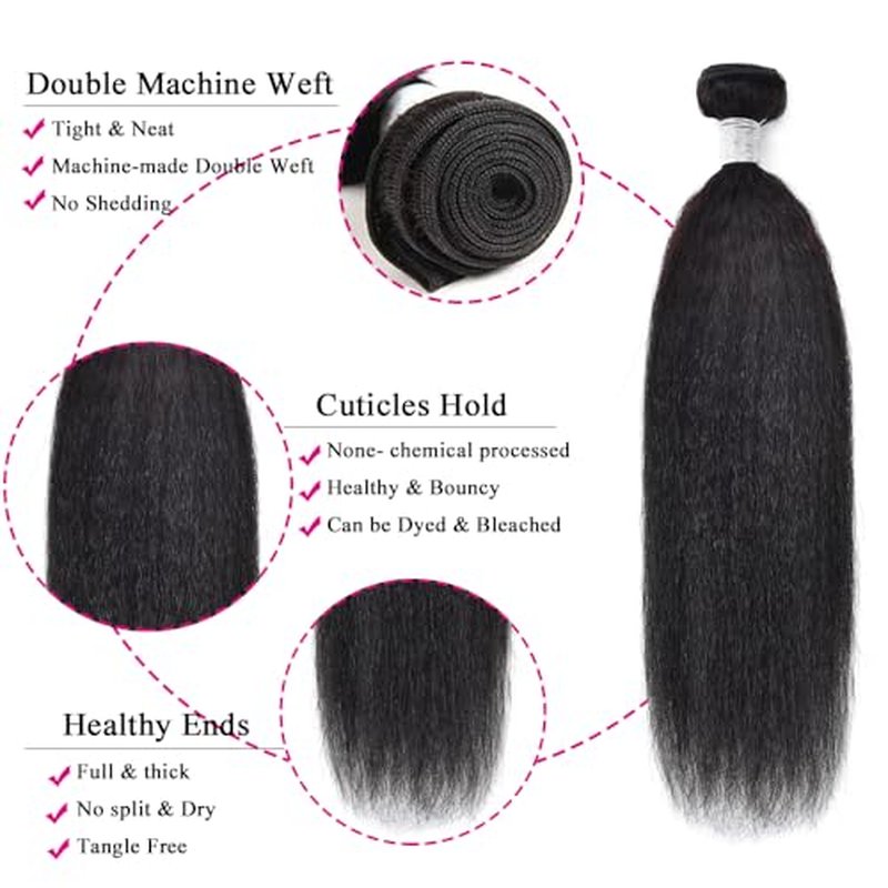 Kinky Straight Bundles with 2x6 Closure (16 18 20+14) 100% Unprocessed Yaki Straight 3 Bundles with Lace Closure Sew in Natural Color for Black Women