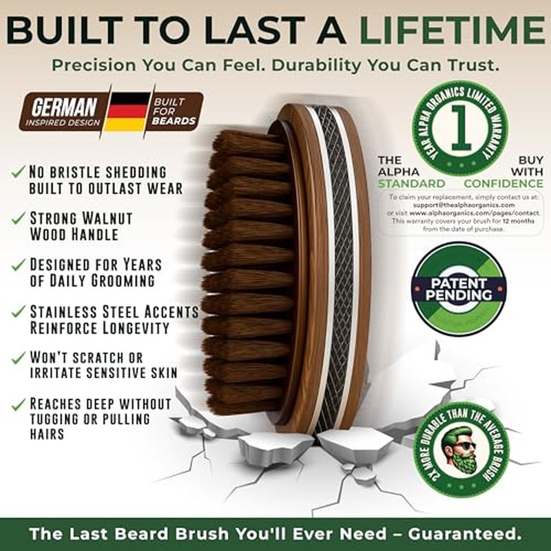 Premium Handmade 4.5" Boar Bristle Beard Brush for Men ? Natural Walnut Wood & Non-Slip Rubber Grip ? Men¡¯s Grooming Brush for Short, Medium & Long Beards ? Mustache & Beard Care Tool ? Alpha Organics