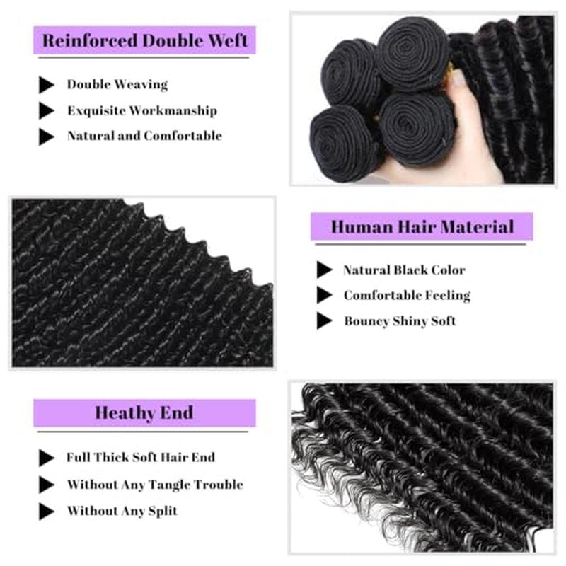 Deep Wave Human Hair Bundles 18 20 22 Inch Deep Wave Bundles 100% Unprocessed Brazilian Virgin Hair 3 Bundles Curly Bundles Hair Extensions Real Human Hair Wavy Quick Weave Bundles Natural Black