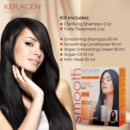 Keragen Brazilian Keratin Hair Smoothing Treatment - Express Home Blowout Kit - Straightens & Smooths Frizz - With 2 Oz Forte Treatment, Clarifying Shampoo & Aftercare Samples