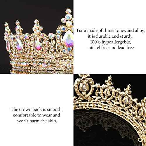 COCIDE Gold Queen Crown for Women Crystal Tiara and Crown for Girl Rhinestones Hair Accessories for Wedding Bride Birthday Party Prom Bridal Bridesmaid (Aurora Borealis + Gold Tiara)