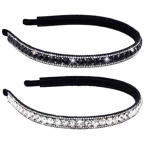 2 Pack Non-Slip Rhinestone Headbands for Women, Sparkling Crystal Hair Bands for Bridal Wedding, Bling Diamond Hair styling Clips Accessories for Girls- Black & White