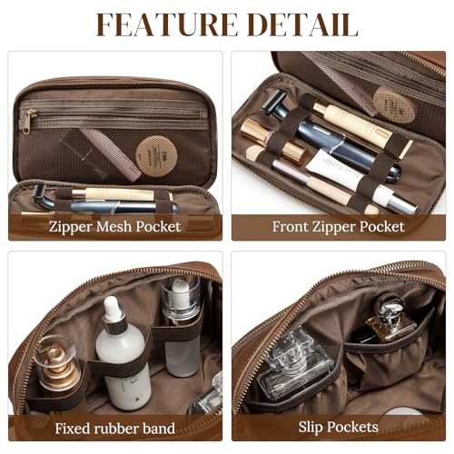 S-ZONE Leather Travel Toiletry Bag for Men Women Traveling Cosmetic Shaving Bags Dopp Kit