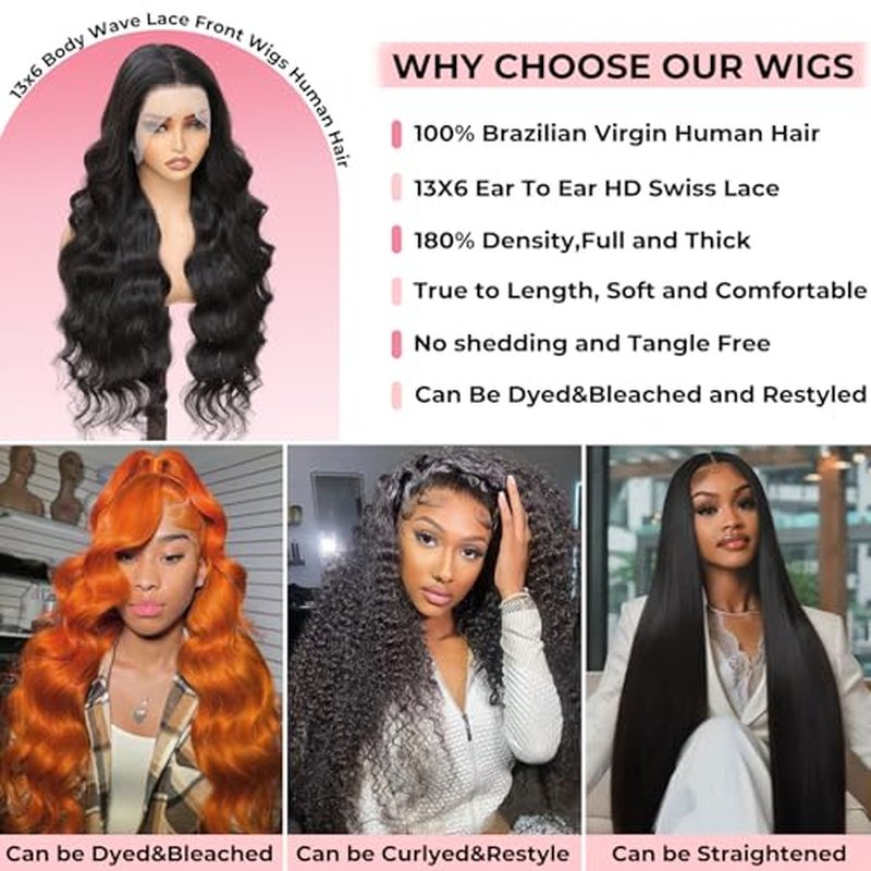 13x6 HD Lace Front Wigs Human Hair Body Wave Human Hair Wig for Women 180% Density Brazilian Virgin Hair Pre Plucked Glueless Body Wave Wig Natural Black 30 Inch