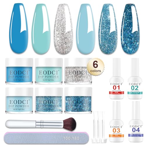 12 Pcs Dip Powder Nail Kit Starter, 6 Colors Glitter Blue Snow Dipping Powder Kit With Base & Top Coat/Activator/Brush Saver, Nail Art Manicure Salon DIY for Daily at Home Party Gifts for Women