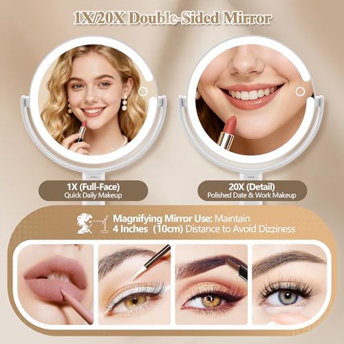 Makeup Mirror with Lights, Double Sided 1x/20x Magnifying Mirror with Light, Rechargeable 3 Color Lights and Adjustable Brightness, 360¡Æ Rotation Detachable Comes with Tweezer(White)