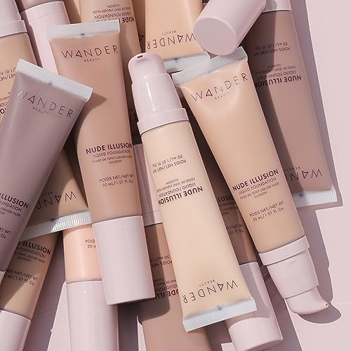 Wander Beauty Nude Illusion Liquid Foundation - Tan - Medium to Full Coverage Foundation - Natural Makeup with Vitamin E & Macadamia - Nude Skin Finish Blurs & Conceals - Travel-Friendly - 1.01 fl oz