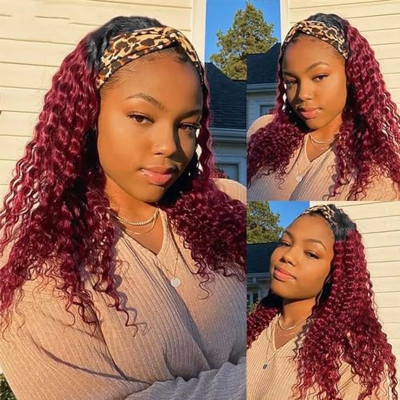 24inch 1B/99J Burgundy Ombre Headband Wig Deep Wave Human Hair Wigs Headband Wig 150% Density Half Glueless None Lace Front Wigs Brazilian Virgin Human Hair Headband Wigs for Black Women