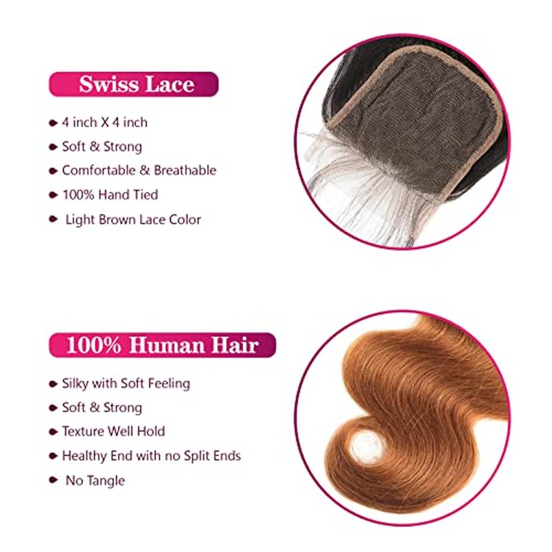 Ombre Human Hair Bundles with Closure Body Wave 3 Bundles 1B/30 Brazilian Virgin Human Hair Two-tone Dark Root with 4x4 Lace Closure(T1B/30, 16 18 20 +14)