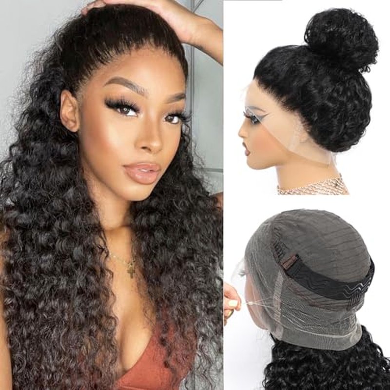 Hidden Strap 360 Lace Front Wigs Human Hair Deep Wave Lace Front GluelessWigs Human Hair Pre Plucked with Drawstring 200% Density 360 Full Lace Frontal Wigs for Black Women 16 Inch
