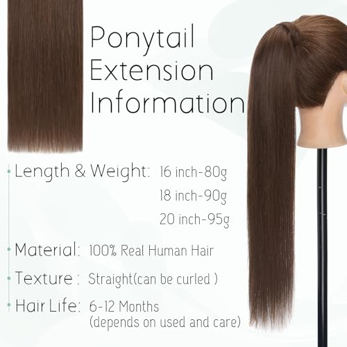 S-noilite Wrap Around Ponytail Extension Human Hair #4 Medium Brown Ponytail Extensions Real Remy Hair 14inch Long Straight Clip in Human Hair Ponytail 80Grams