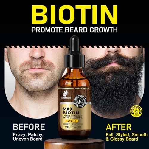 Biotin Beard Growth Oil for Men - Vitamin B5 & Castor Oil Formula, Promote Thicker Fuller Beard, Daily Care, Styling & Taming, Hydrating, Lightweight Non-Greasy, Vanilla 2oz Gift for Him