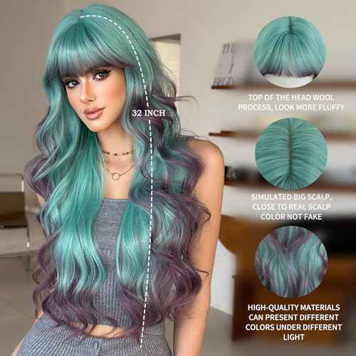 7JHH WIGS 31in Turquoise Long Wavy Bangs Purple Highlight Wigs Mixed Light Green Ombre Lavender Purple Heat Resistant Synthetic Fiber Women Wavy Curly Wigs for Christmas Daily Party Daily Used