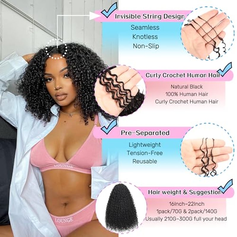 Afro Kinky Curly Knotless Pre-Separated Crochet Hair Extensions Micro Pre Looped Crochet Human Hair Extensions Curly 100% Human Hair Extensions Natural Color (Natural Black(70g), 22 Inch)