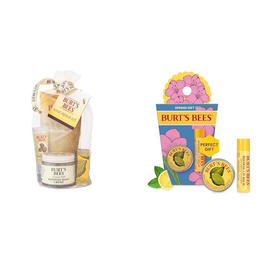 Burt's Bees Hand Repair Gift Set with 3 Creams plus Gloves and Spring Surprise Set with Lip Balm and Cuticle Cream, 5 Count