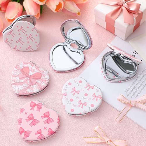 Chunful 6 Pcs Coquette Pink Bow Party Favors for Girls Heart Shaped Compact Mirror Bulk 1x/2x Magnifying Portable Makeup Double Sided Travel Mirror Preppy Back to School Gifts