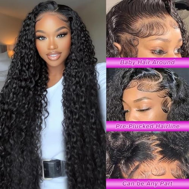 Deep Wave Lace Front Wigs Human Hair 13x6 HD Transparent Lace Front Wigs Human Hair 200% Density Deep Curly Human Hair Wig Pre Plucked Deep Wave Frontal Wigs Natural Color 24 Inch