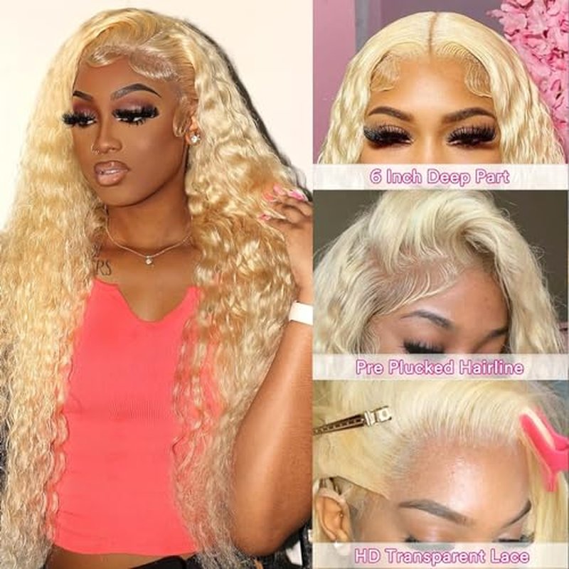 613 Lace Front Wig Human Hair 613 Blonde Deep Wave 13x6 HD Transparent Lace Front Wig Human Hair Pre Plucked Blonde Wig Human Hair with Baby Hair 180% Density for Women(20inches 613 13x6 Wig)