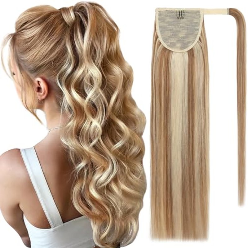 Ponytail Extensions Human Hair Long Ponytail Hair Extensions with Magic Paste Wrap Around Clip in Ponytail Extensions Real Human Hair,18inch #12P613 Golden Brown mixed Bleach Blonde,90g