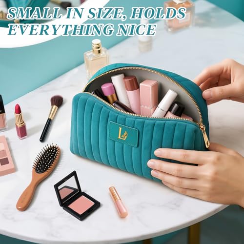 Monogrammed Make Up Bags for Women,Personalized Cosmetic Bags Women,Small Quilted Makeup Pouch,Cute Makeup Bag Travel,Birthday Gifts for Teen Girl (Blue L)