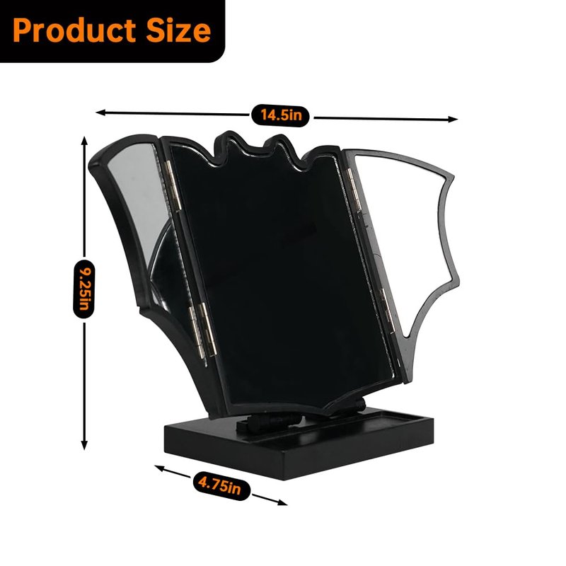 Gothvanity Gothic Bat Trifold Vanity Mirror - Adjustable Panels Spooky Dark Aesthetic Makeup Mirror, Solid Wooden with Storage Tray, Dressing Table Decor for Goth Enthusiasts