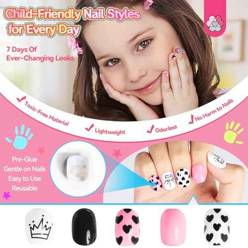 SAVILAND 7 Days Press on Nails for Kids: 168Pcs Children False Artificial Fake Nail Tips Sweet Edgy Pre-glue Full Cover Short Acrylic Nails with Nail Adhesive Tabs Gifts for Girls 8-12 Year (GlamKids)