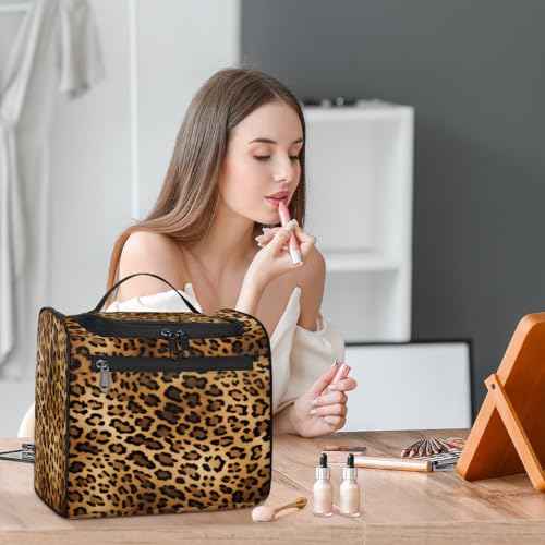 Toiletry Bag with Hanging Hook Makeup Bag Retro Leopard Cheetah Animal Print Cosmetic Case Travel Organizer for Women Men Traveling Wash Bag
