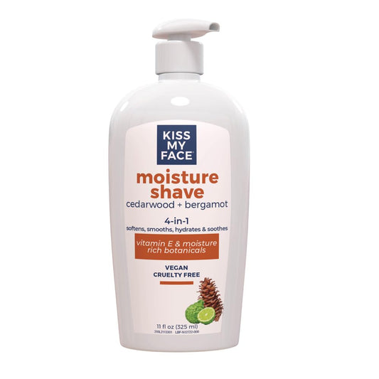 Kiss My Face Cedarwood + Bergamot Moisture Shave - 4 In 1 Shaving Cream - Cruelty Free and Vegan - With added Olive Oil and Aloe Leaf Extract - Vitamin E Rich - 11 fl oz Pump Bottle (Pack of 2)