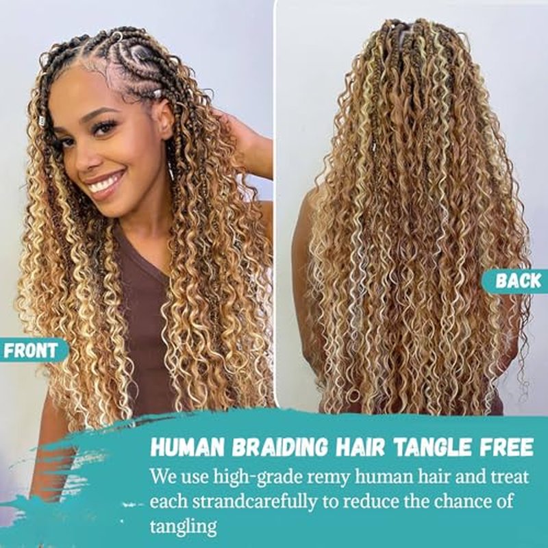 Blonde Curly Human Braiding Hair for Boho Braids 150g 24 Inch Wet and Wavy Long Boho Hair for Braiding Knotless Highlighted 27p613 No Weft Bulk Bohemian Human Hair 3 Bundles/Pack
