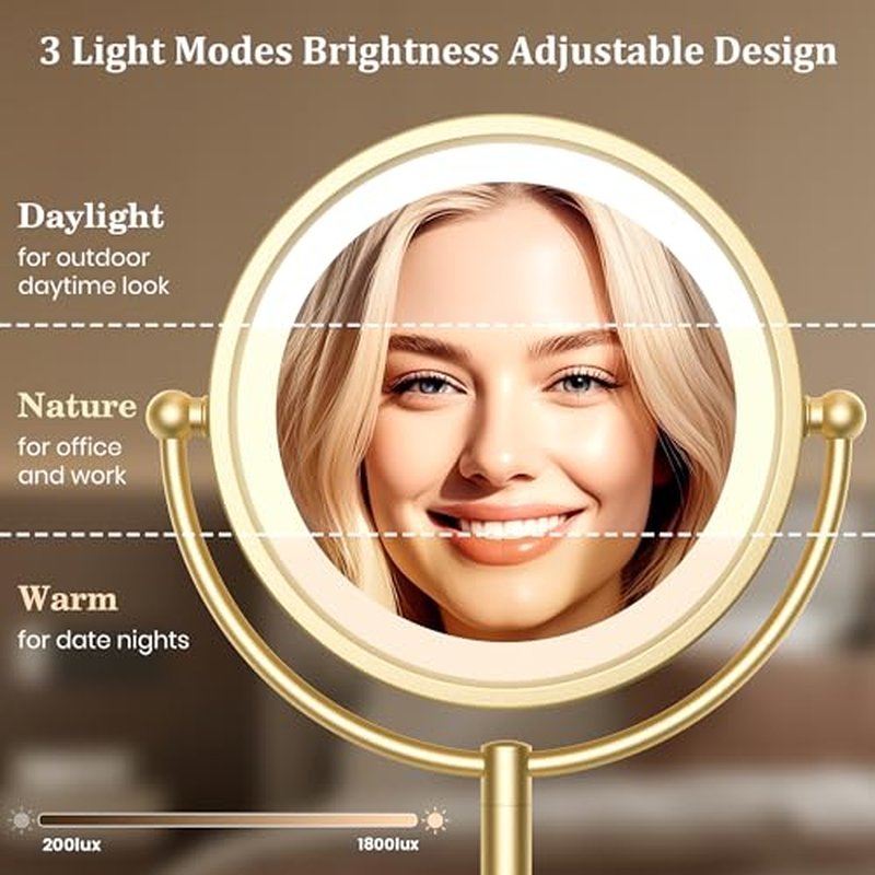 VESAUR 8.5'' Large Gold Lighted Makeup Mirror, 1X/10X Clear Seamless Magnifying Mirror, Bright Vanity Mirror with 3 Colors Dimmable Lights, Two-Sided 360¡ÆRotation Stable Base, Luxury Nickel, Gift Box