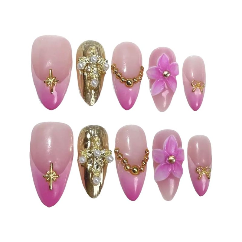 Press On Nails - Handmade 3D Glitter Cat Eye Design | Durable Reusable Short Medium Oval Almond - 10 Pcs (Gold Plum, S)